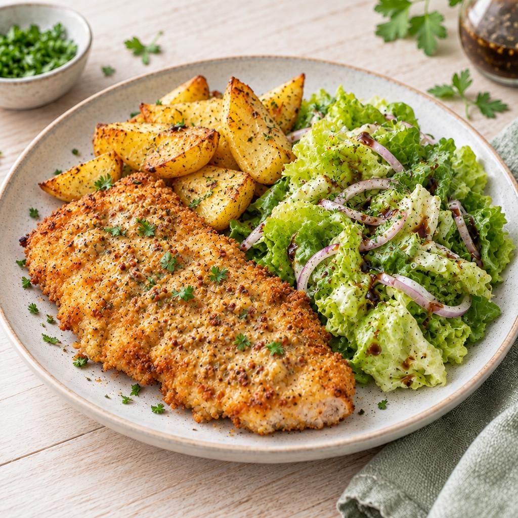 Senf-Putenschnitzel mit Kartoffelecken und grünem Salat