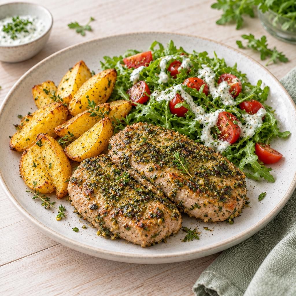 Schweinesteaks im Kräutermantel mit Rucola und Tomaten, dazu Kartoffelecken