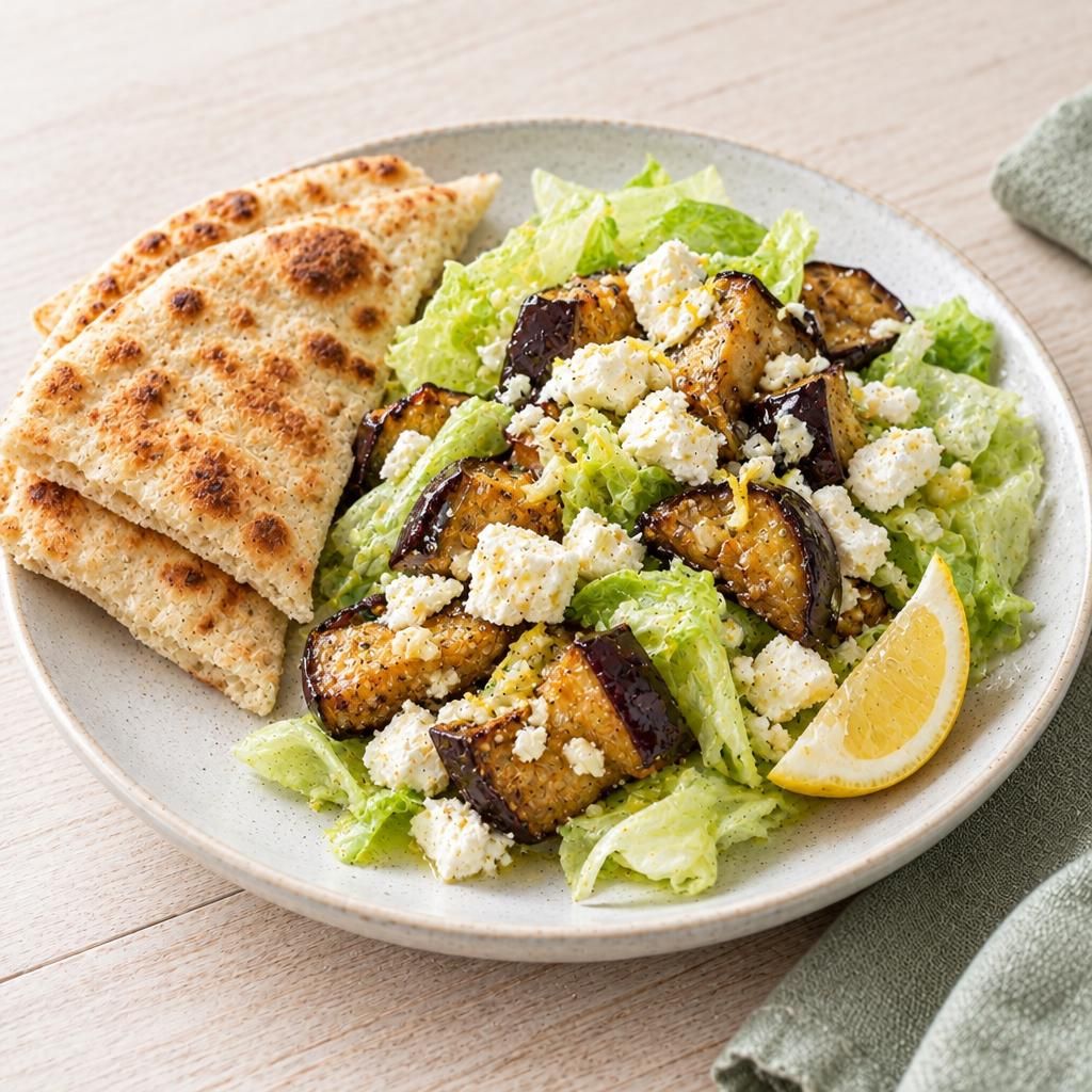 Salat mit Auberginen und Feta, dazu Fladenbrot