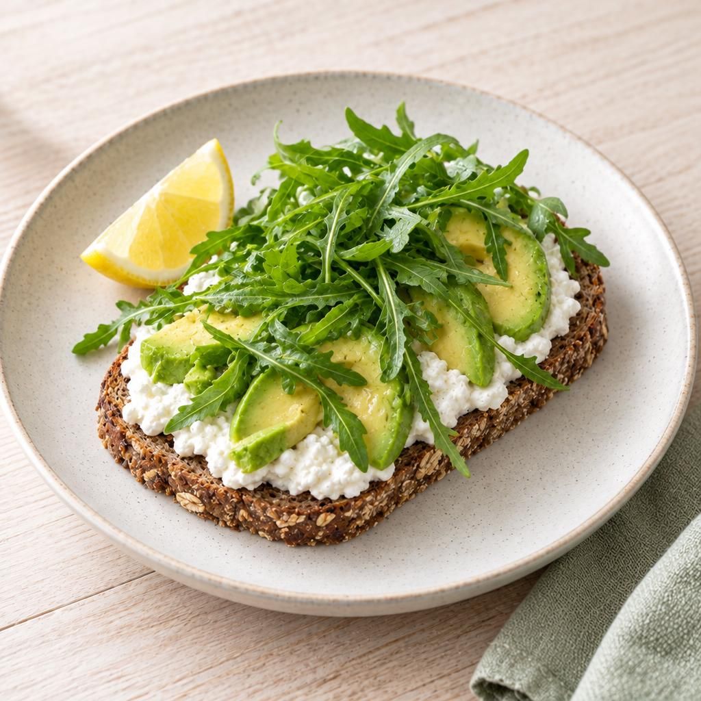 Avocado-Brot mit körnigem Frischkäse und Rucola