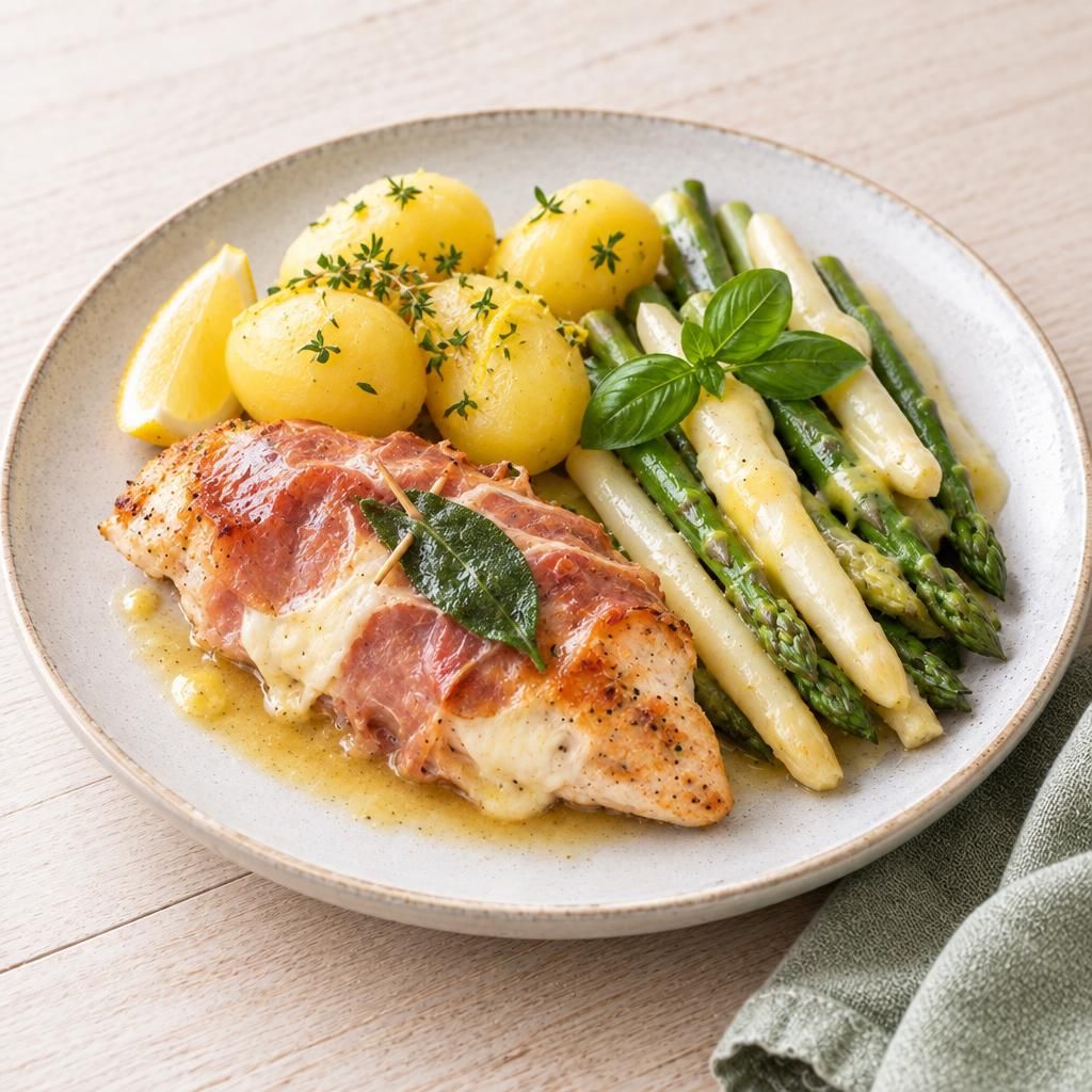 Hähnchen-Saltimbocca mit Spargel und Salzkartoffeln