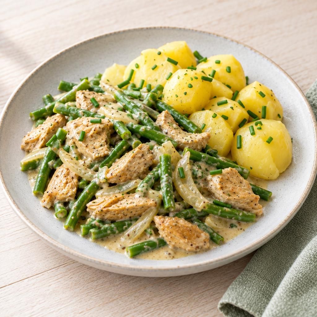Veggie-Senf-Sahne-Pfanne mit Bohnen und Salzkartoffeln