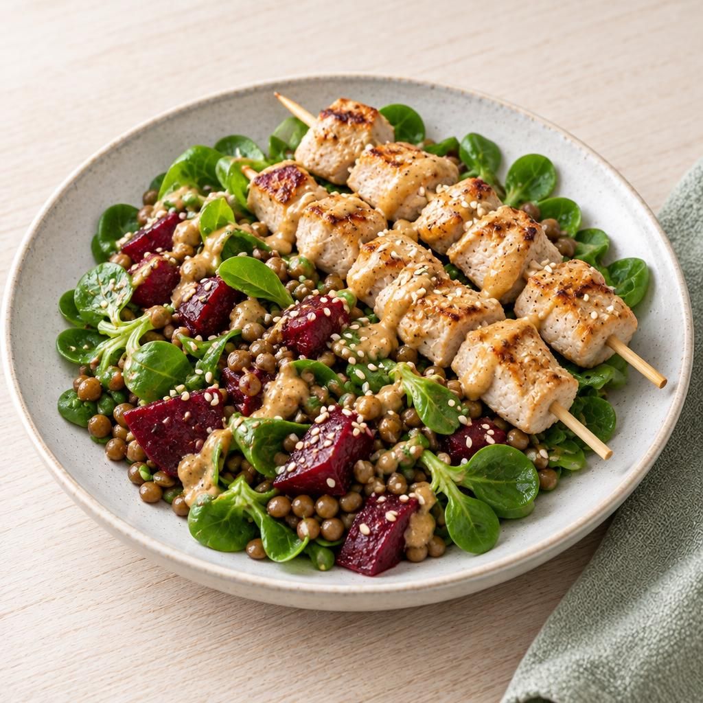 Linsen-Bete-Salat mit Putenspießen