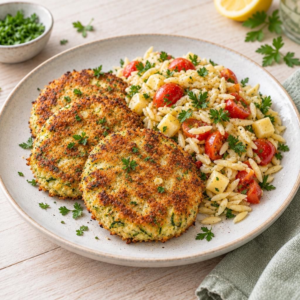 Zucchinibratlinge auf Kritharaki-Salat