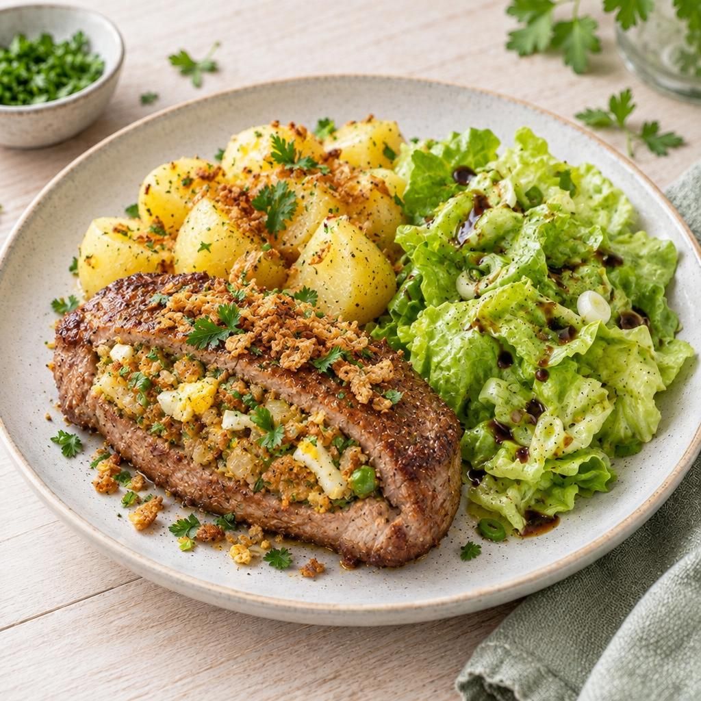 Steak mit Zwiebelfüllung, Salzkartoffeln und grünem Salat