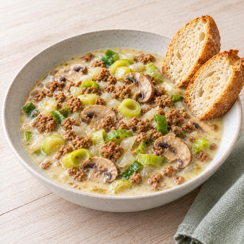 Käse-Lauch-Suppe mit Veggie-Hack und Baguette