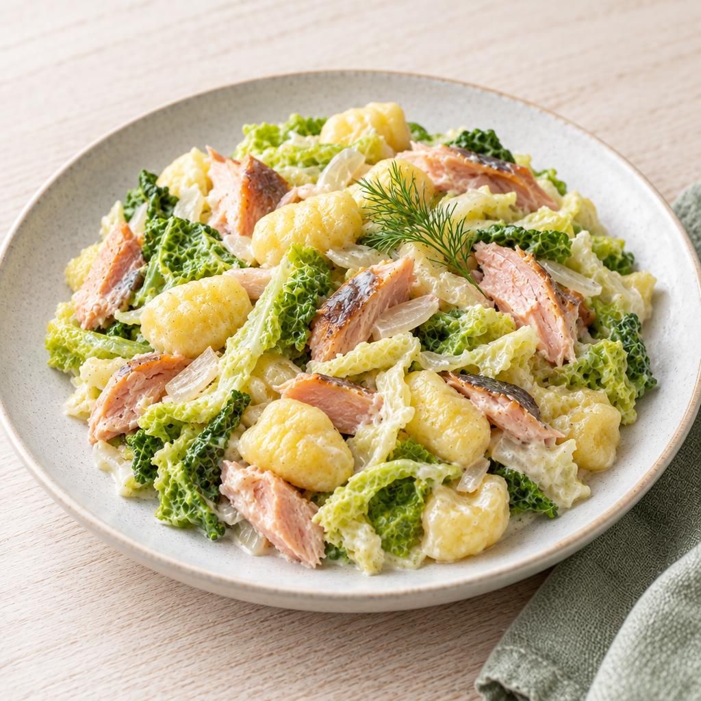 Gnocchi-Wirsingtopf mit Räucherforelle