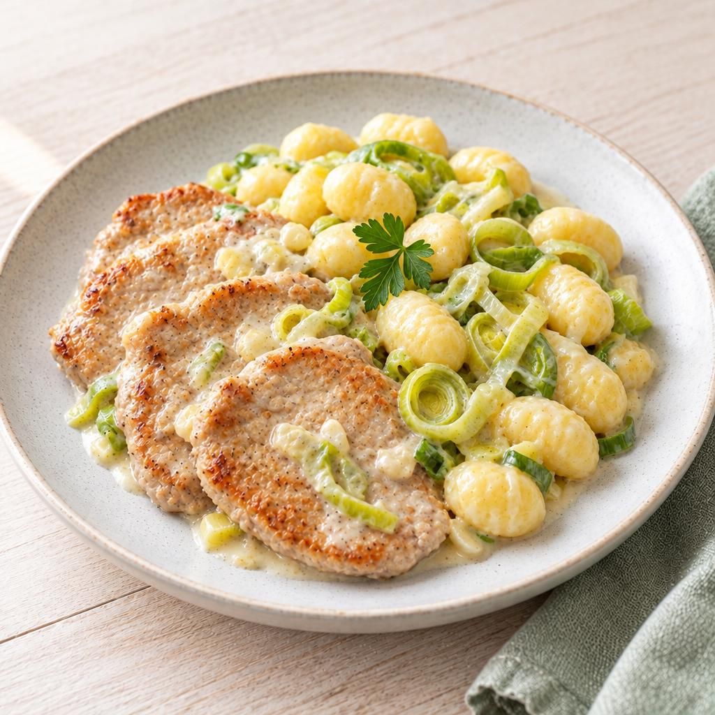 Gnocchi mit Scaloppine und Lauch