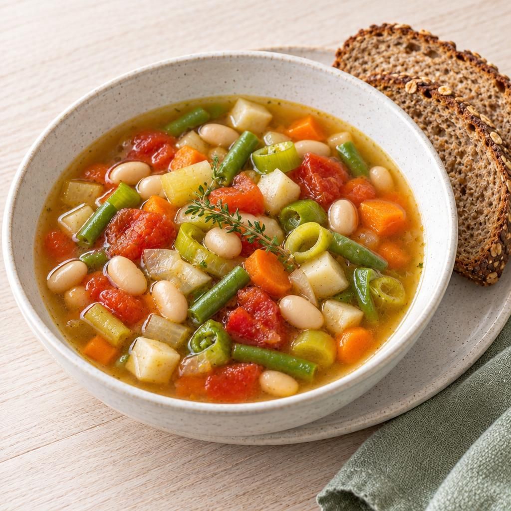 Schnelle Gemüsesuppe mit weißen Bohnen und Vollkornbrot
