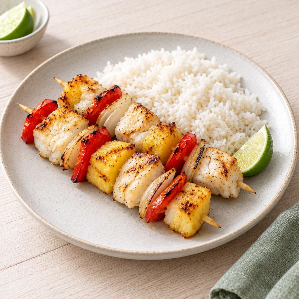Hawaiianische Grillspieße mit Reis