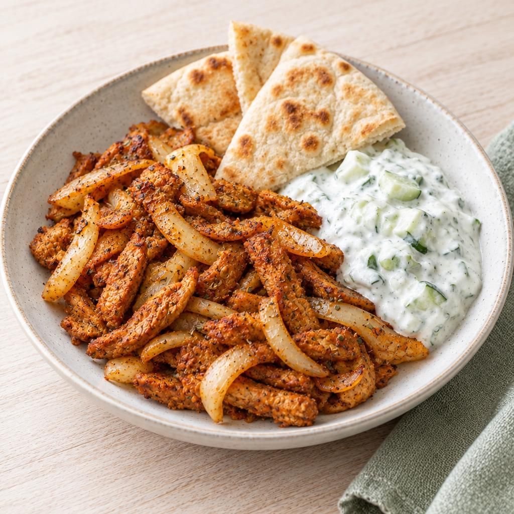 Veggie-Gyros-Pfanne mit Tzatziki und Fladenbrot