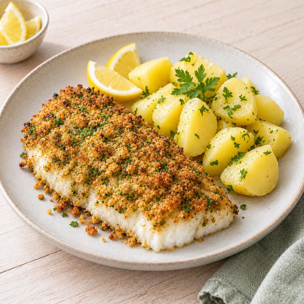 Seelachs mit Kräuterkruste und Kartoffeln