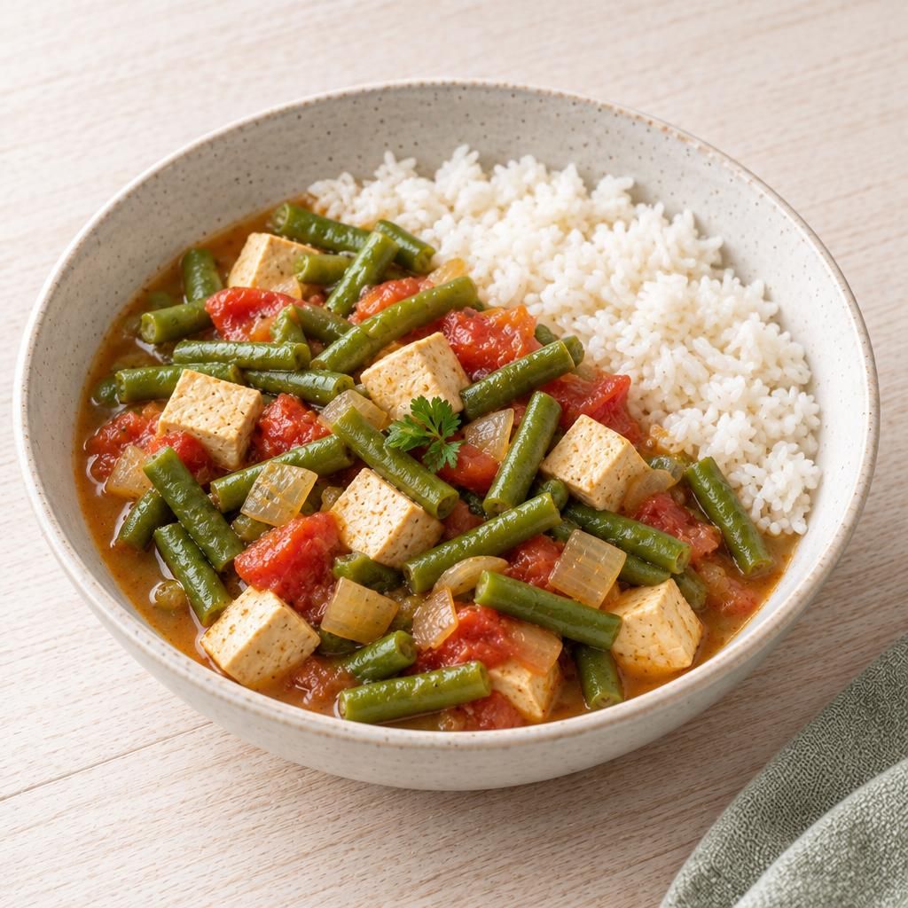 Grüner Bohnentopf mit Tofu und Reis