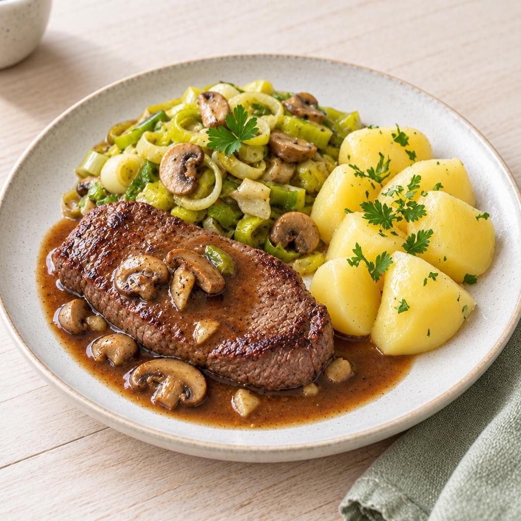 Rinderhüfte mit Jus und Lauch, dazu Salzkartoffeln