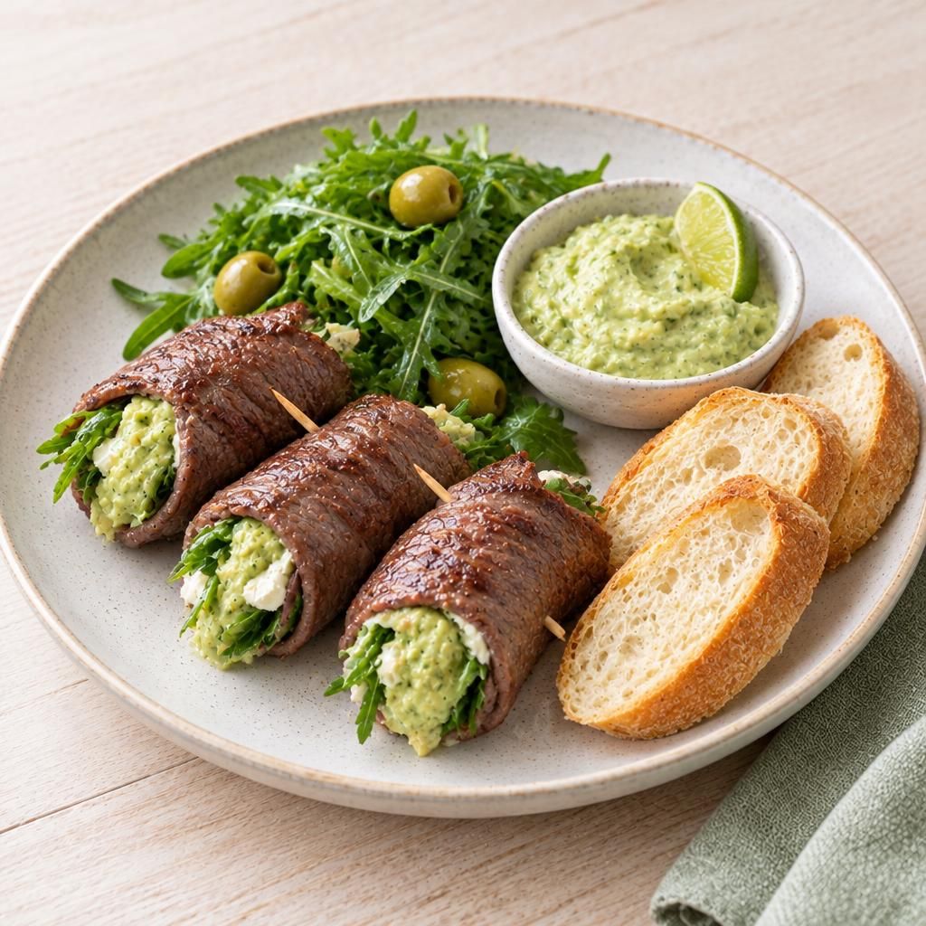 Rindfleischröllchen mit Avocadocreme und Baguette
