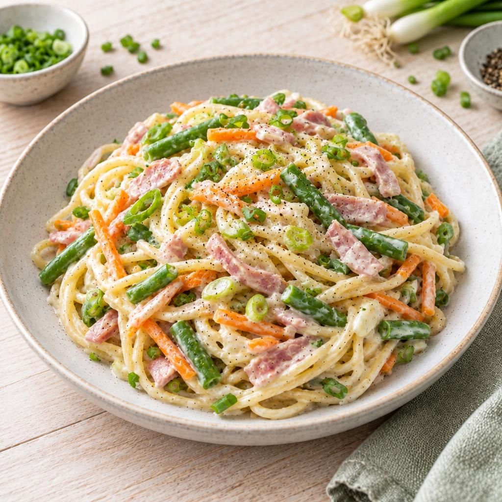 Spaghetti mit Schinken und Gemüse