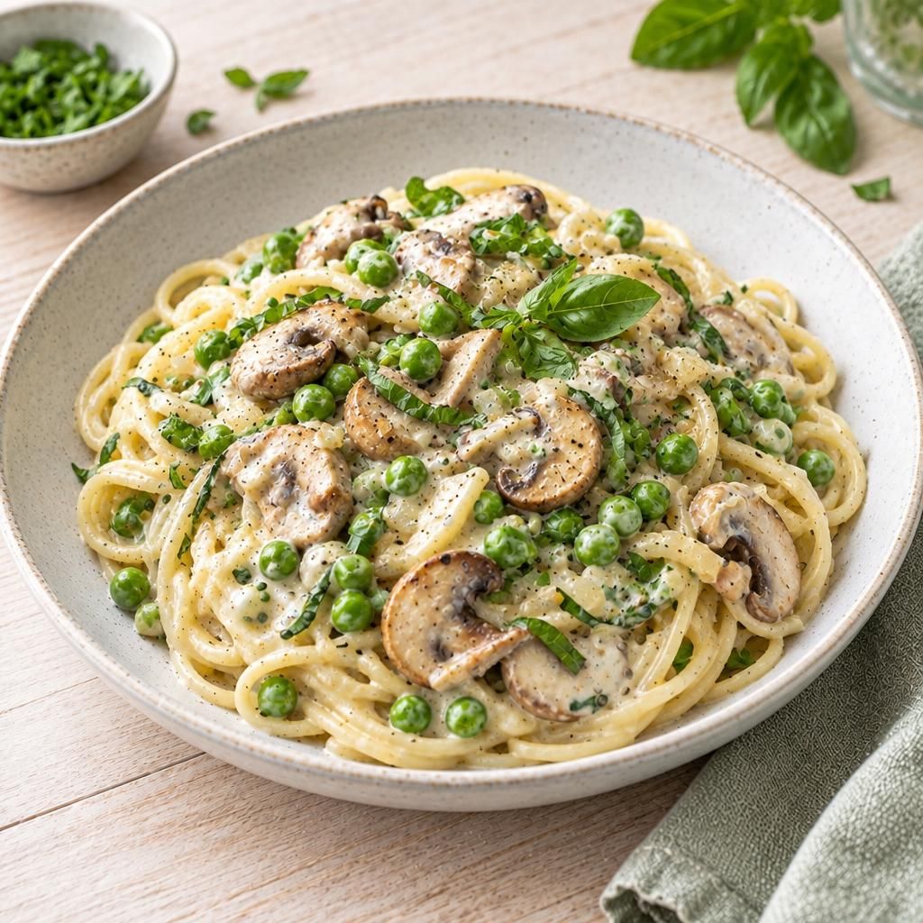 Spaghetti mit Pilz-Erbsen-Sauce