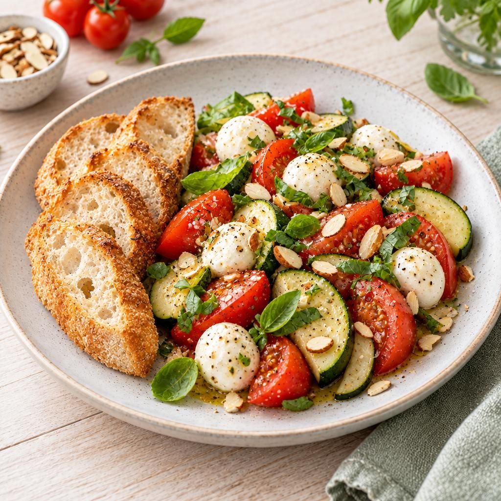 Zucchini-Tomaten-Salat mit Baguette