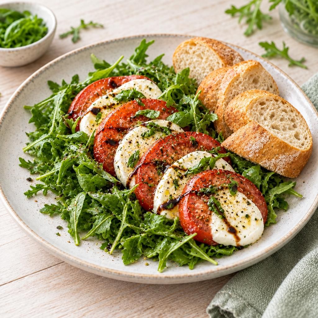 Tomate-Mozzarella auf Rucola mit Baguette