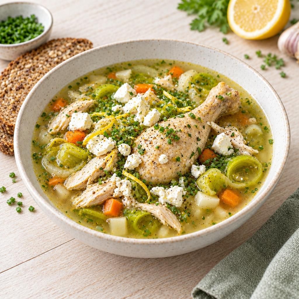 Zitronen-Hähnchen-Suppe mit Lauch und Vollkornbrot