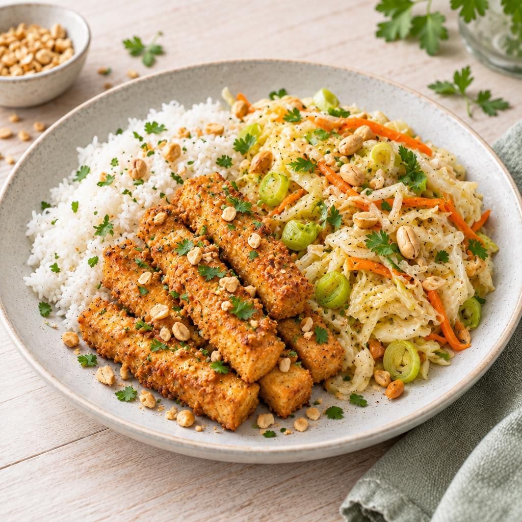 Vegane Tofu-Erdnuss-Sticks auf geschmortem Weißkohlsalat mit Reis