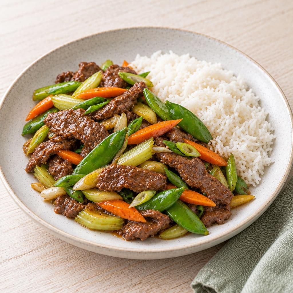 Asiatisches Rindfleisch mit Reis