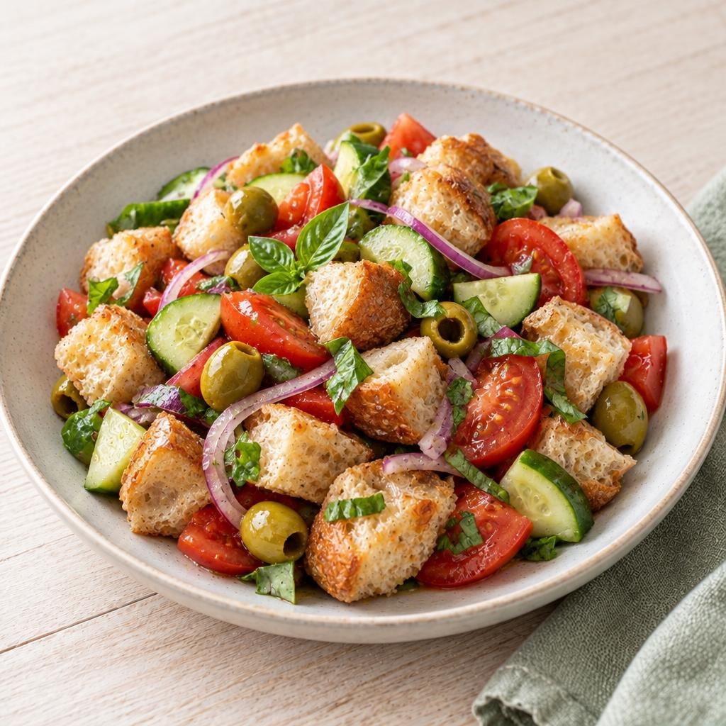 Panzanella: italienischer Brotsalat mit Oliven