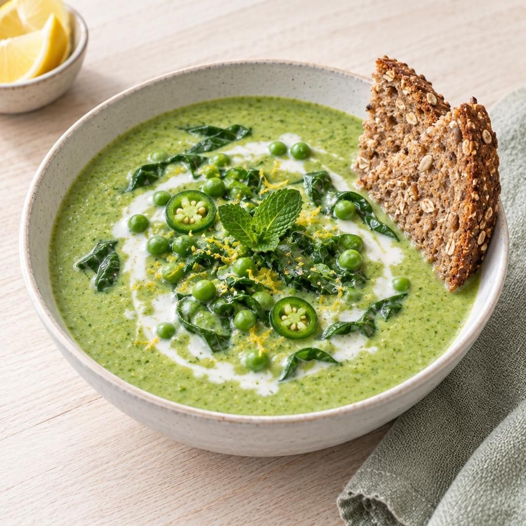 Kalte Erbsensuppe mit Vollkornbrot