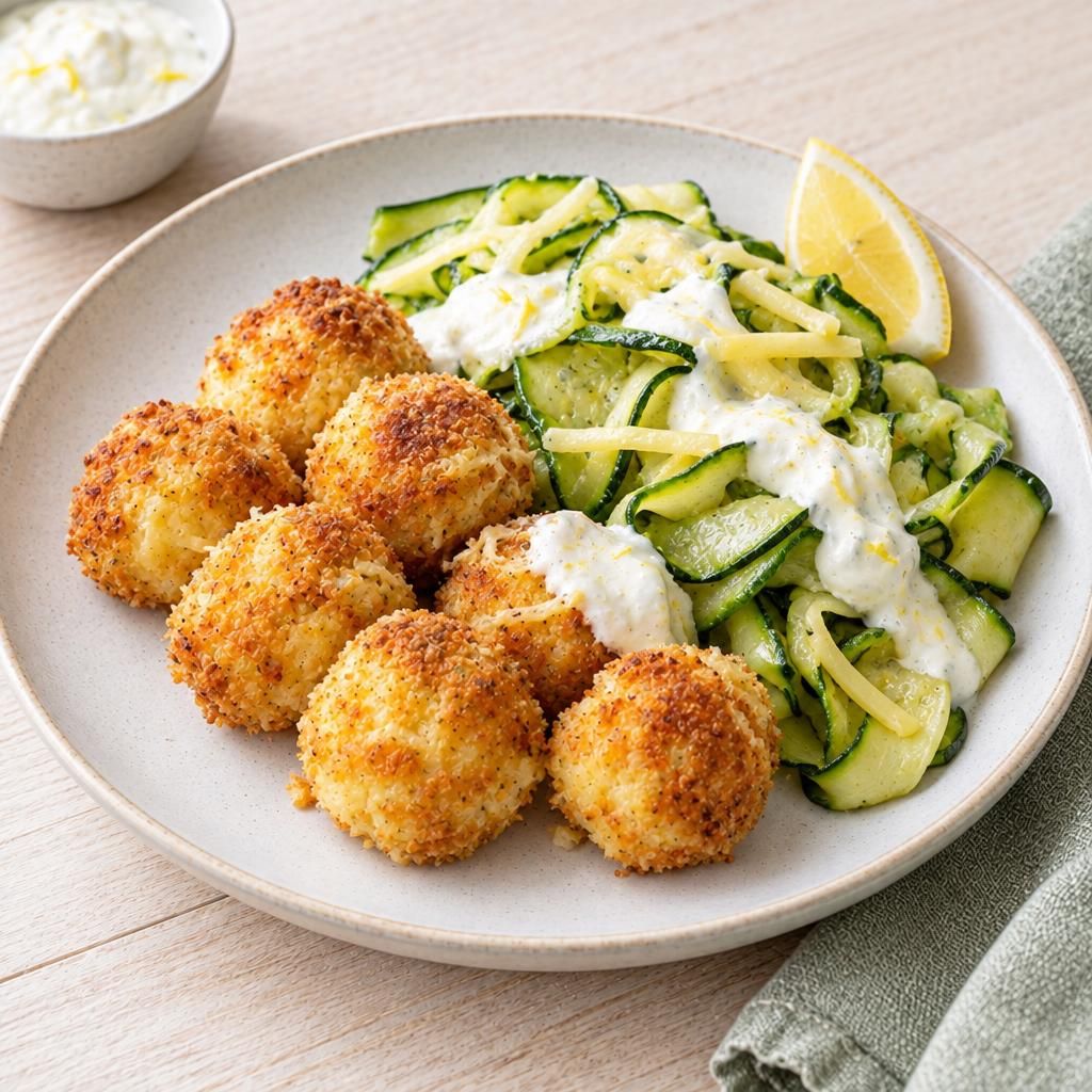 Käse-Bällchen auf Zucchinistreifen