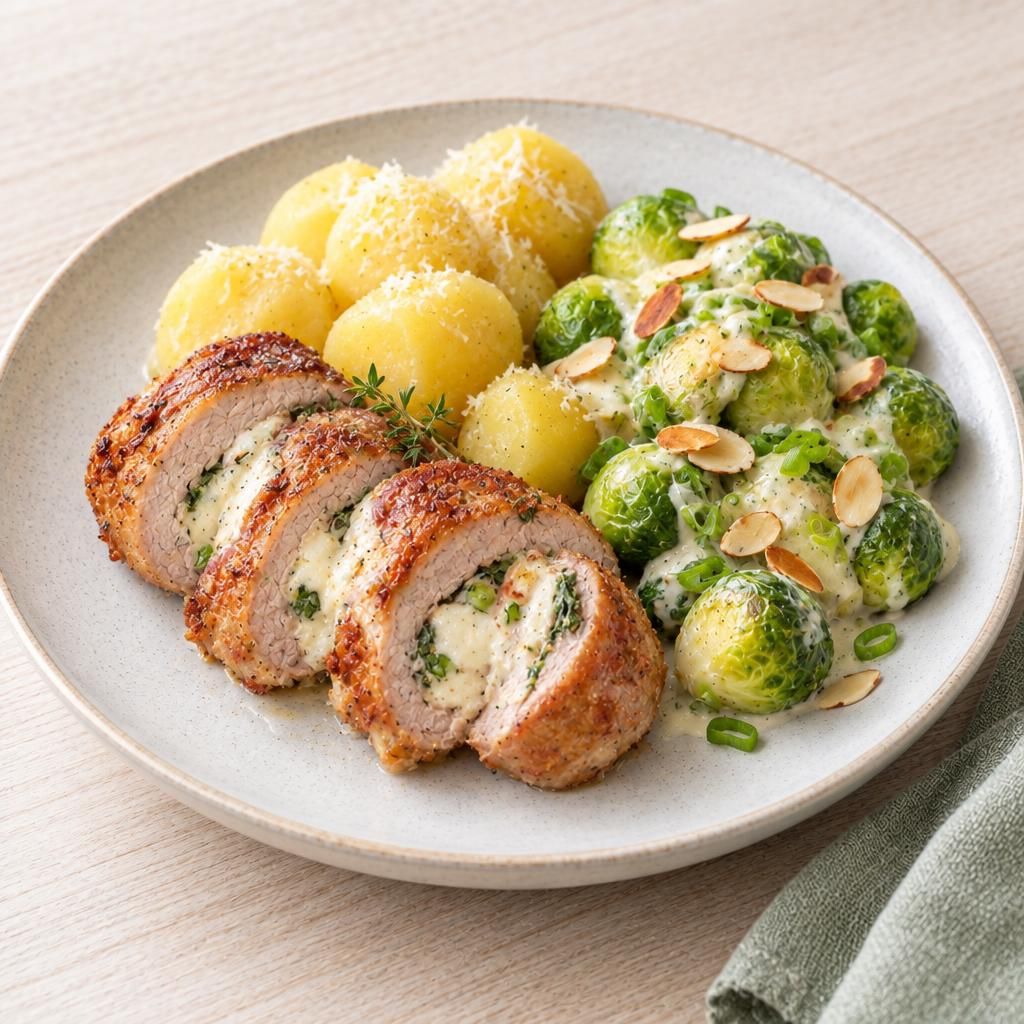 Gefülltes Schweinefilet mit Rosenkohl und Salzkartoffeln
