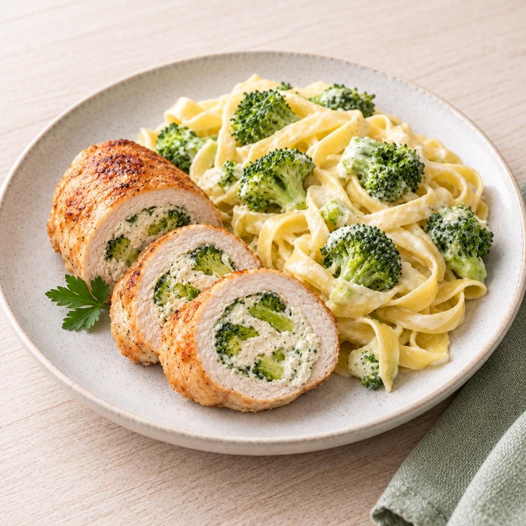 Putenroulade mit Brokkoli und Bandnudeln