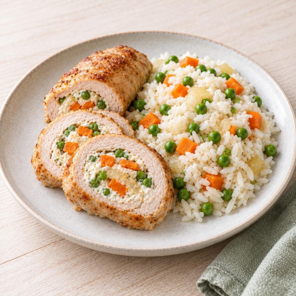 Putenroulade mit Gemüse und Reis