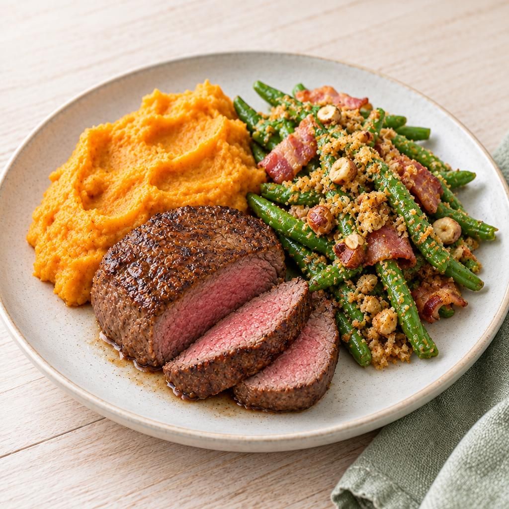 Rindersteak mit Süßkartoffelpüree und Speck-Bohnen