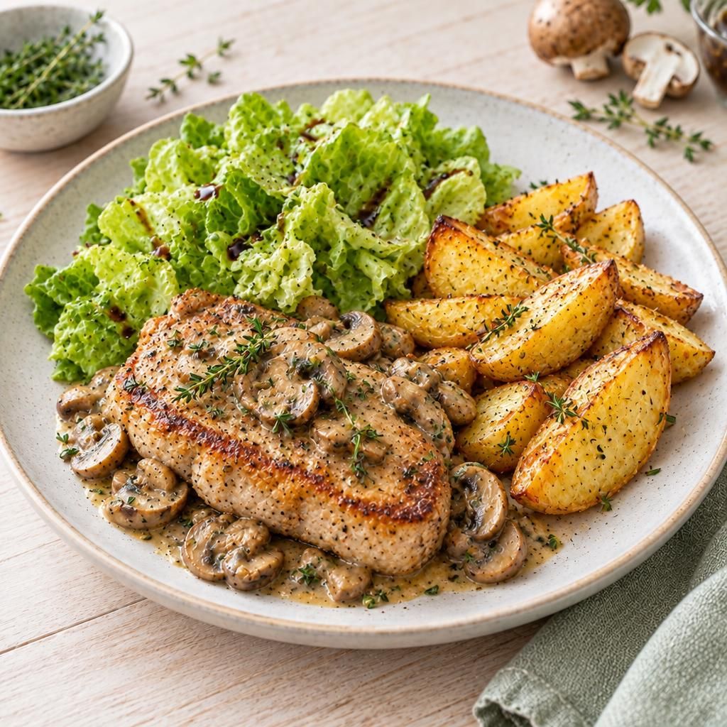 Thymian-Kotelett mit Pilzen, Kartoffelecken und grünem Salat