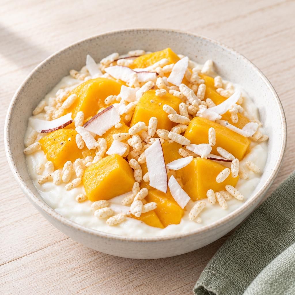 Mango-Sojajoghurt mit Kokos und Puffreis
