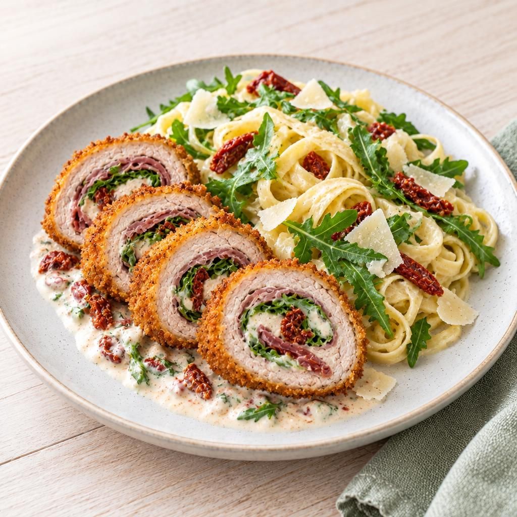 Schnitzelröllchen mit Rucola-Tomaten-Creme und Nudeln