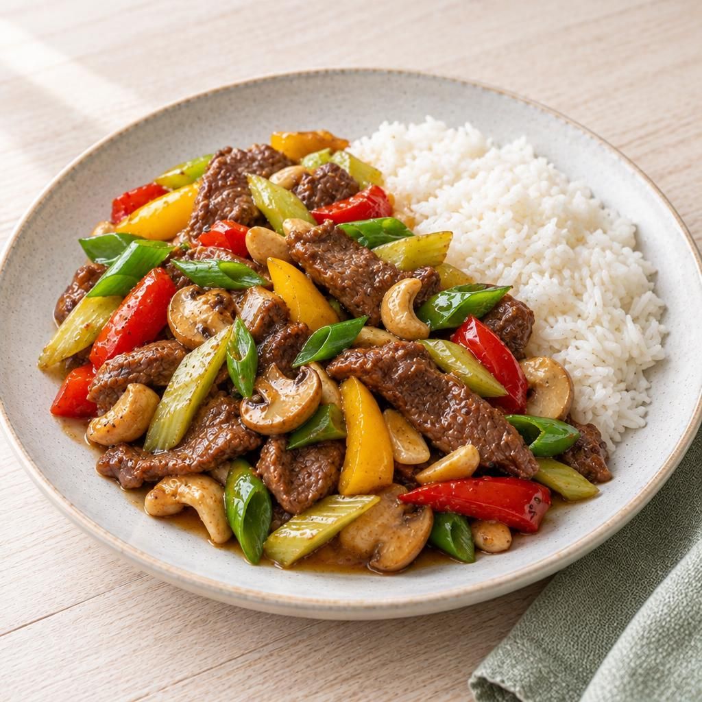 Chinesisches Rindfleisch mit Reis
