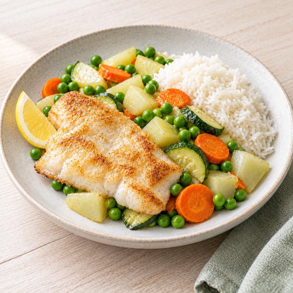 Gemüsepfanne mit Fisch und Reis