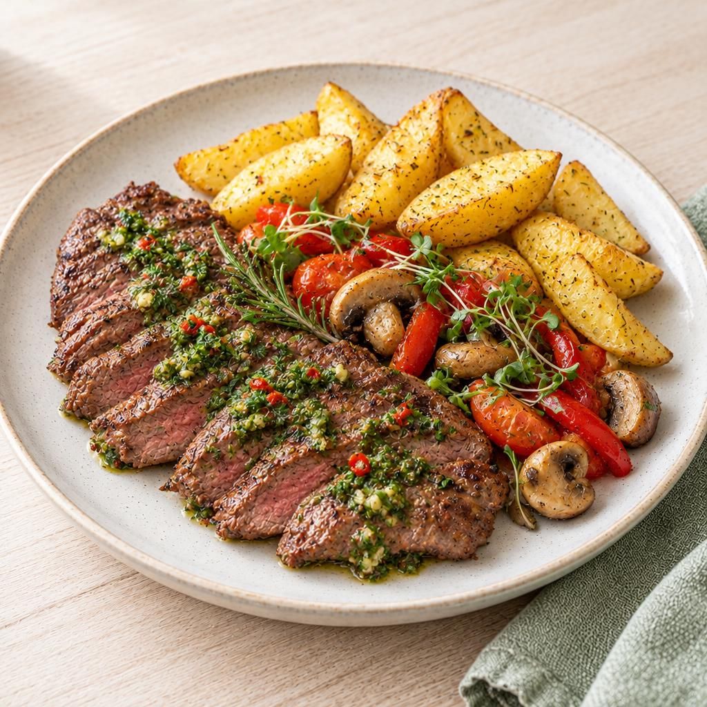 Flanksteak mit Rosmarin-Chimichurri und Kartoffelecken