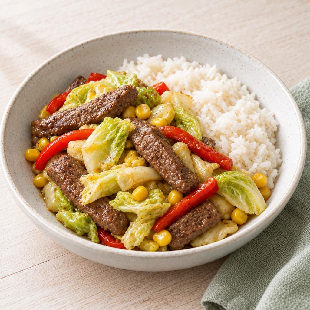 Rindfleisch mit Spitzkohl und Reis