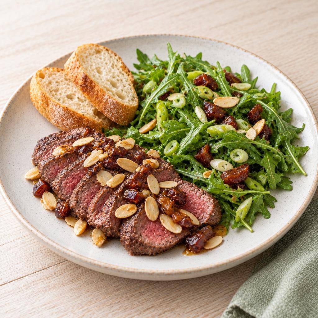 Rindfleisch mit Rucolasalat und Baguette