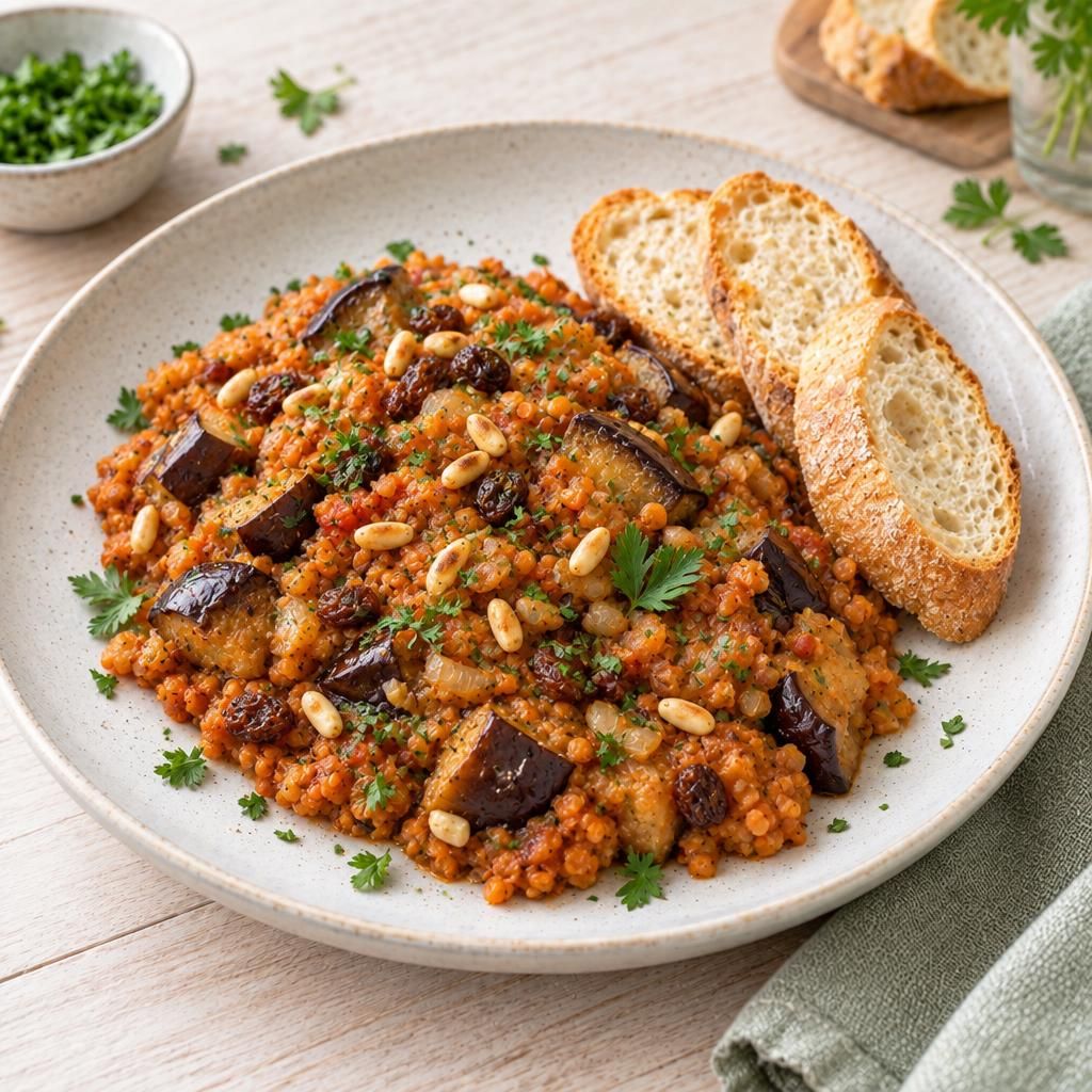 Sizilianisches Linsen-Auberginen-Gemüse mit Baguette