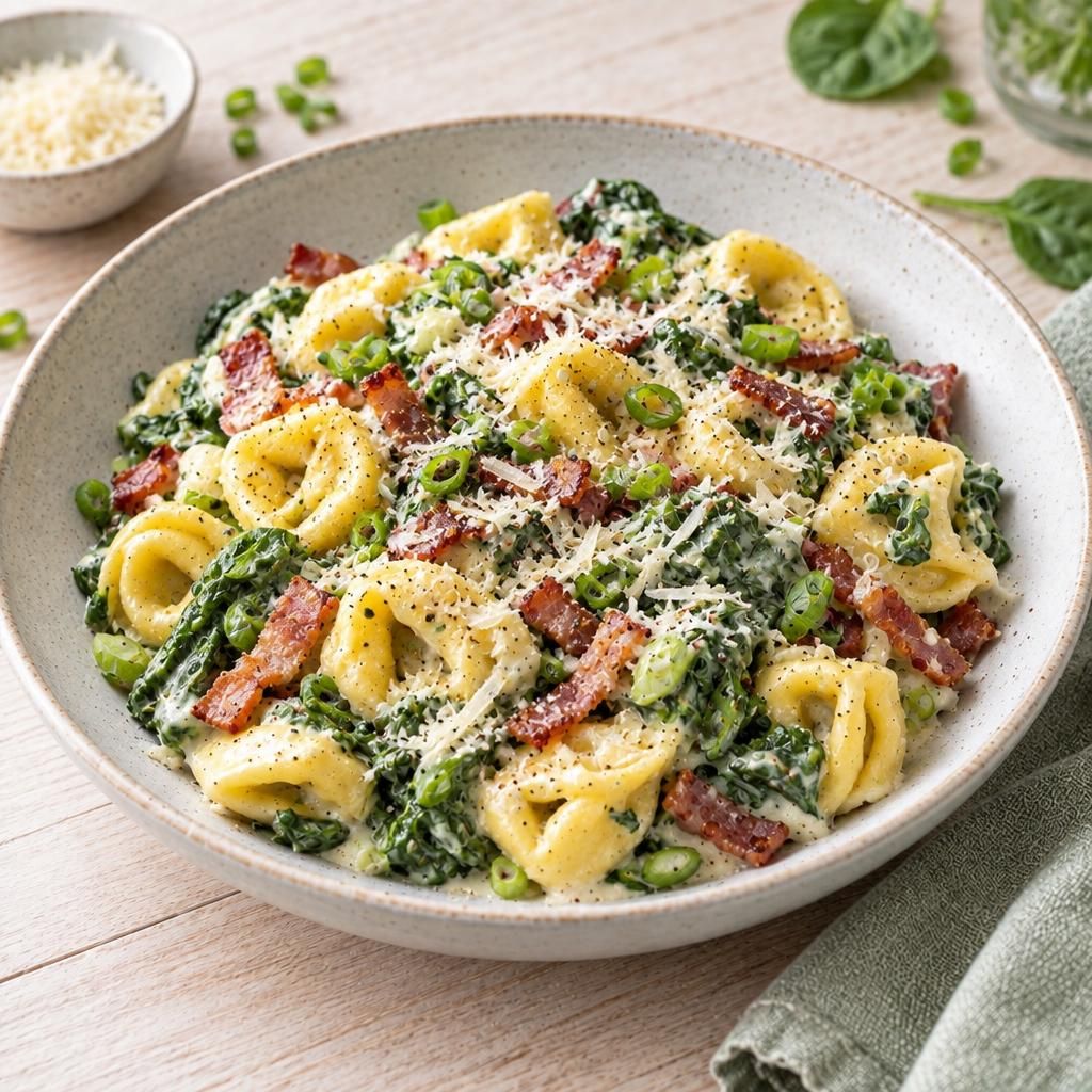 Tortellini in Spinat und mit Speck