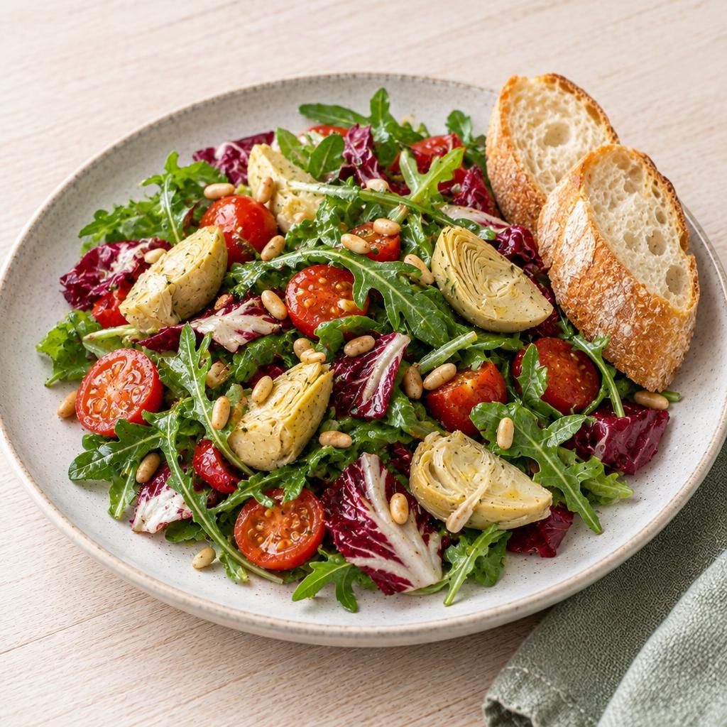 Italienische Blattsalate mit Kirschtomaten und Artischocken, dazu Baguette