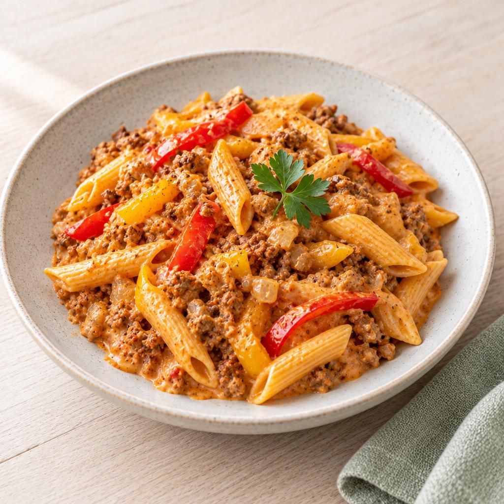Paprika-Sahne-Nudeln mit Veggie-Hack
