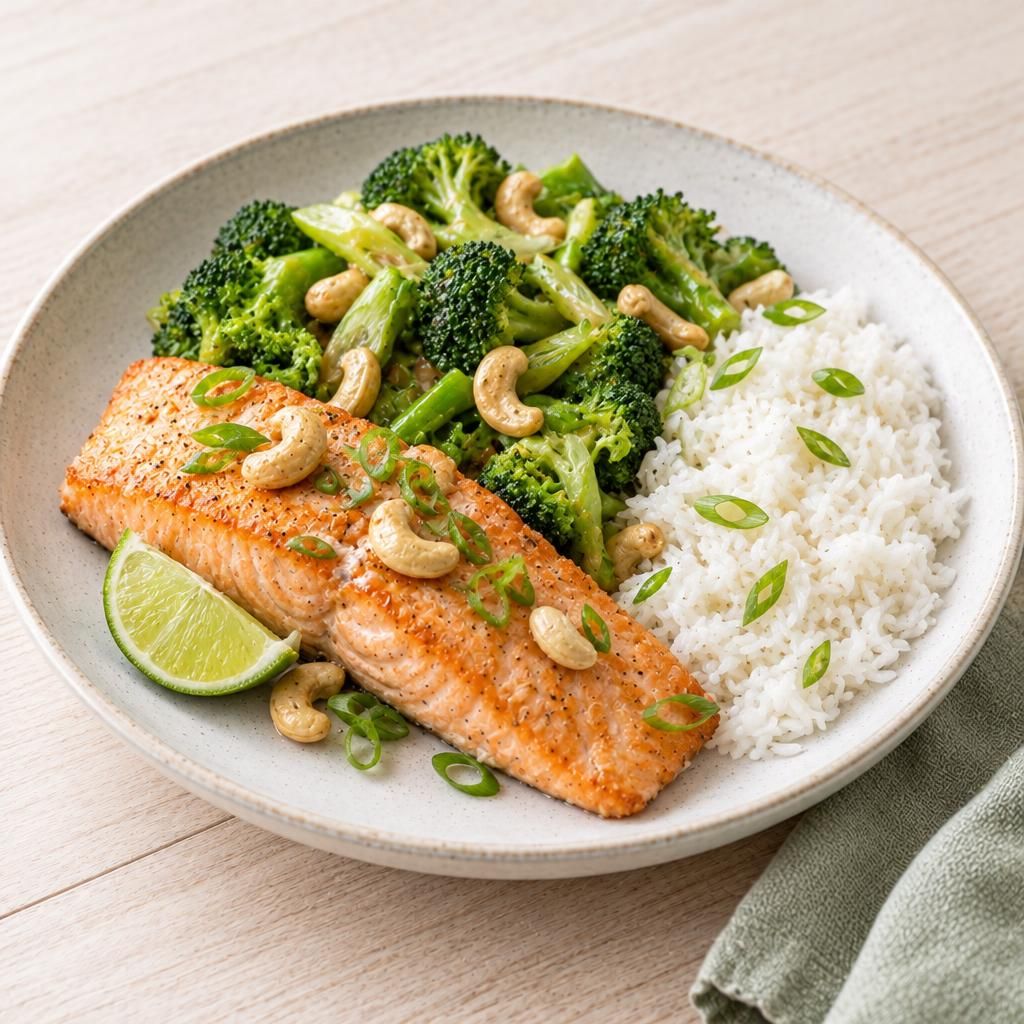 Lachs mit Brokkoli-Gemüse und Reis