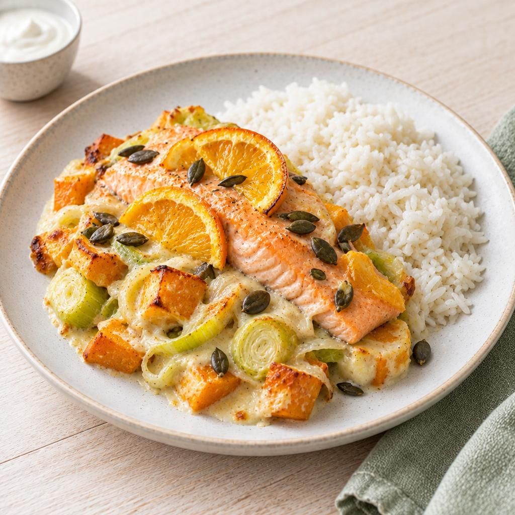 Porree-Kürbis-Gratin mit Orangen-Lachs und Reis