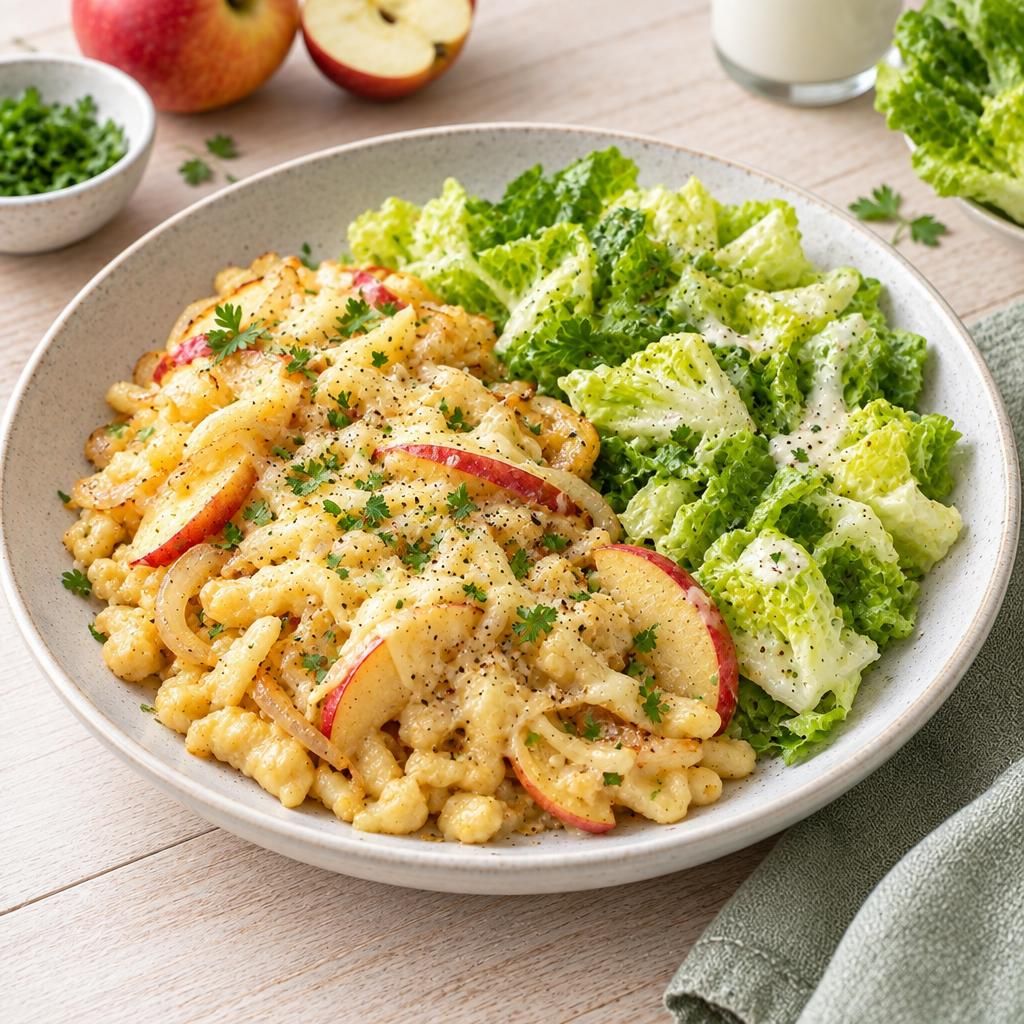 Spätzle mit Apfel und Salat