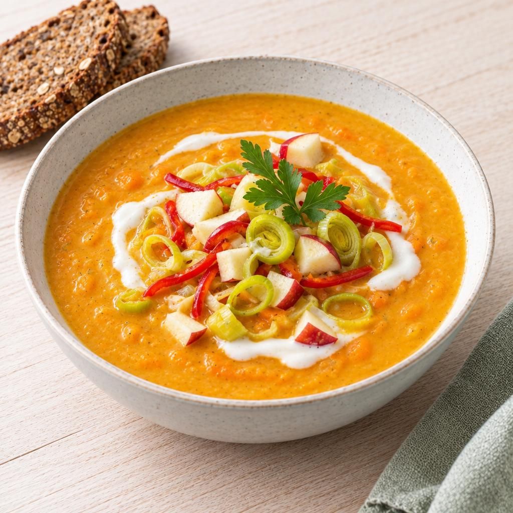 Karotten-Lauch-Suppe mit Vollkornbrot