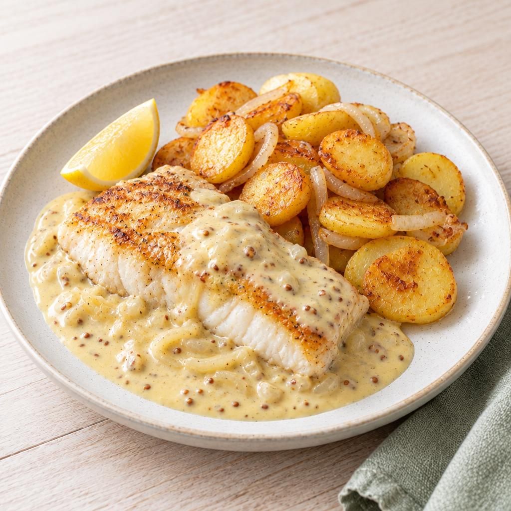 Kabeljau mit Senfsoße und Bratkartoffeln